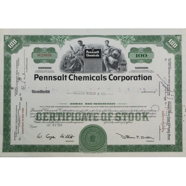 Сертификат на акции Pennsalt Chemical Corporation 100 штук 1959 г