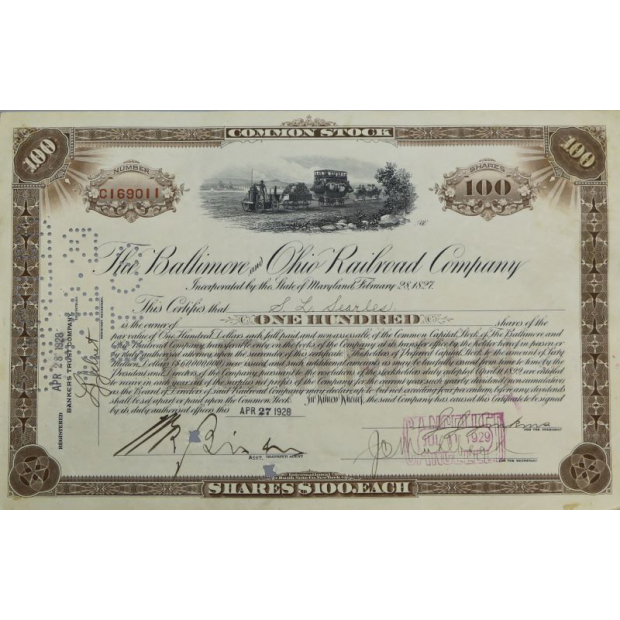 Свидетельство Балтиморско-Огайской железнодорожной компании 1928 год Мэриленд США на 100 акций