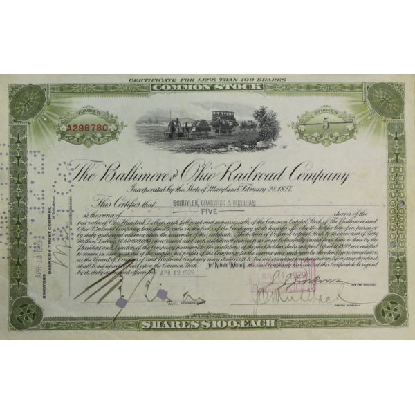 Свидетельство Балтиморско-Огайской железнодорожной компании 1929 год Мэриленд США на 5 акций