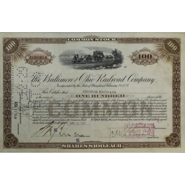 Свидетельство Балтиморско-Огайской железнодорожной компании 1929 год Мэриленд США на 100 акций